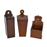Two Georgian candle boxes, one oak, height 40cm, and a further later oak example (3).