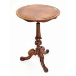 A Victorian walnut tripod occasional table, with circular burr top on carved column to three