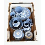 WEDGWOOD; a collection of pale blue jasperware including bowl, vases, jug, dishes etc.