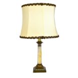 A late 19th century brass and champlevé enamel Corinthian column table lamp, with central marble
