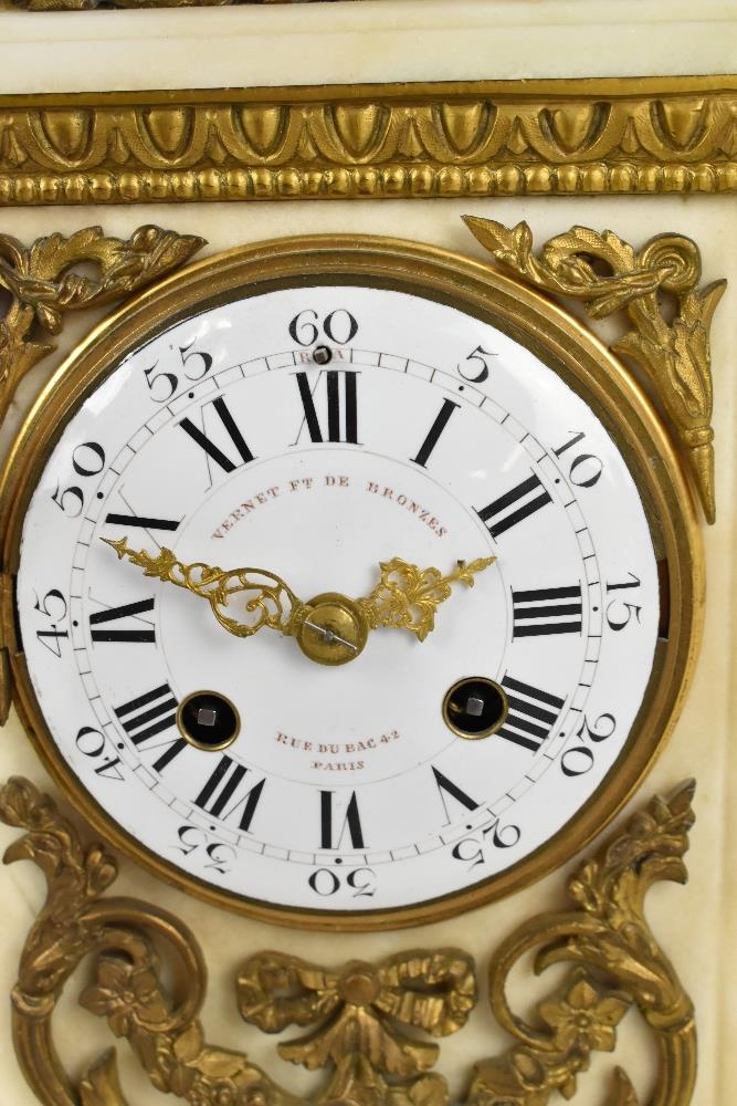A late 19th century French white marble gilt metal mounted mantel clock, the white enamel dial set - Image 2 of 14