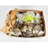 A mixed group of electroplated items including pair of lidded tureens, pots, collared clear glass