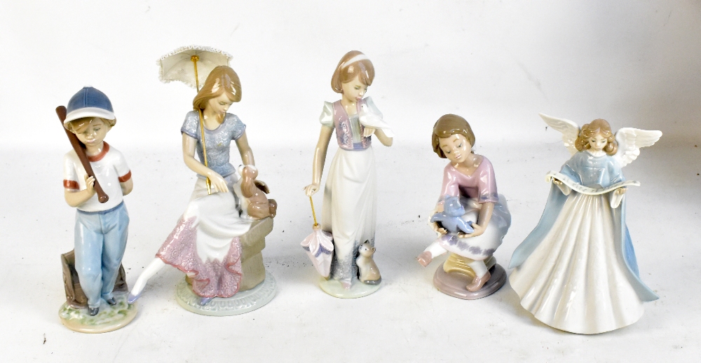 LLADRO; five figurines to include 'Angel', 'Baseball Player', 'Summer Stroll', etc, each fitted in