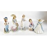 LLADRO; five figurines to include 'Angel', 'Baseball Player', 'Summer Stroll', etc, each fitted in