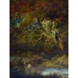 GEORGE MORLAND (1763-1804); oil on panel, landscape with figure fishing in the foreground, signed