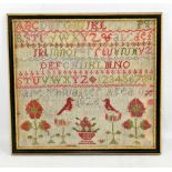 WITHDRAWN A 19th century alphabet sampler by Jane Thruaiter dated 1828, 23 x 25cm, framed and