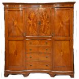 A good Edwardian satinwood and inlaid five piece bedroom suite with flamed finish comprising large