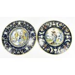 Two late 19th/early 20th century Continental maiolica chargers, with painted figural detail to