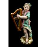 MEISSEN; a mid-19th century figure of a girl playing the harp, impressed number 70 to base, height