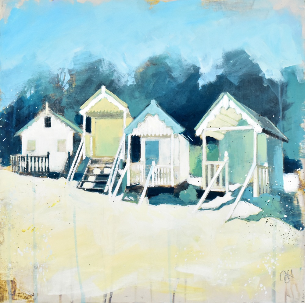 CAMILLA DOWSE; oil on canvas, 'Four Huts with Pine Trees', beach hut scene, signed lower right,