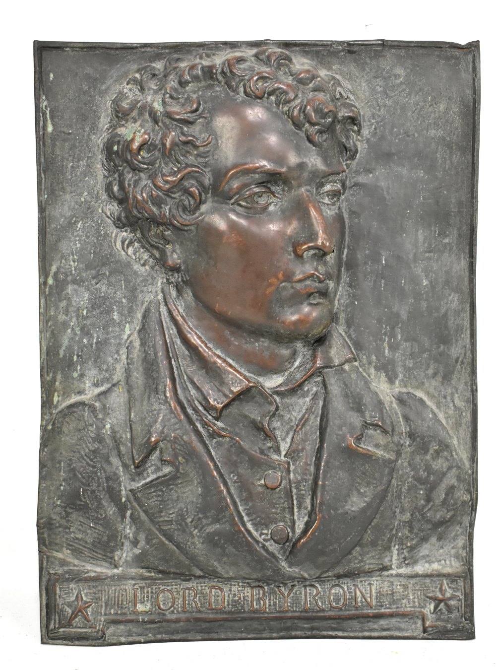 A copper plaque depicting Lord Byron in relief, title below, 40 x 29cm.Additional InformationSome