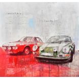 MARKUS HAUB; oil on canvas, 'Porsche 911 Lancia Fulvia', signature lower right, 121 x 121cm, framed.
