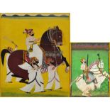 Two Indian mughal-type gouaches, both depicting Raj on horseback, one in processional scene, size of