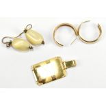 A pair of 9ct yellow gold earrings, approx 1.15g, a yellow metal pendant, approx 3.3g, and a further