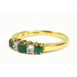 An 18ct yellow gold emerald and diamond five stone ring, size R, approx 3.8g.