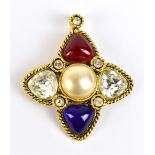 CHANEL; a vintage Chanel Gripoix three colour hand made glass, crystal and pearl pendant/brooch,
