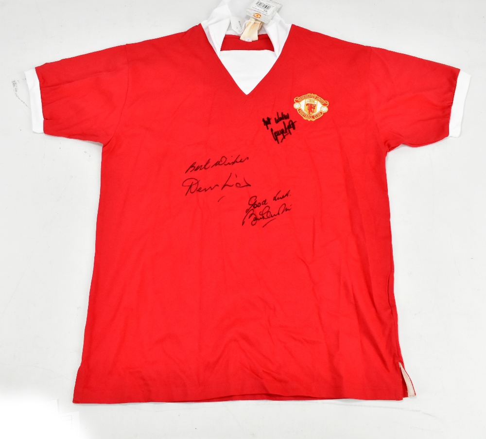 MANCHESTER UNITED FC; a 'Retro Revival' replica cotton 1972-73 home shirt, signed by the 'Holy