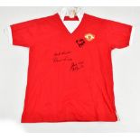MANCHESTER UNITED FC; a 'Retro Revival' replica cotton 1972-73 home shirt, signed by the 'Holy
