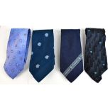 VERSACE; a light blue 100% silk tie, a dark blue silk tie, a black with purple and blue pattern silk