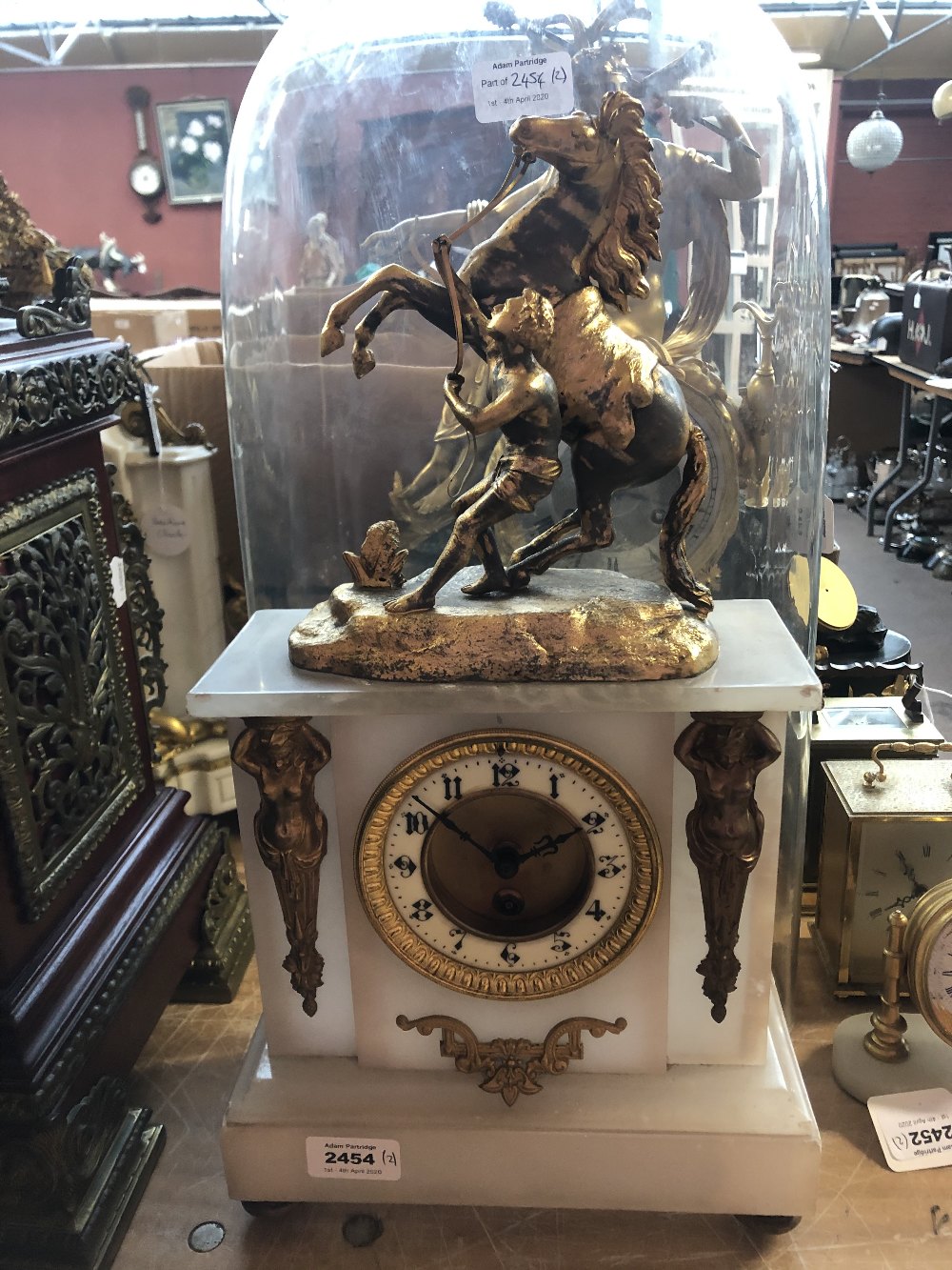A late 19th/early 20th century French alabaster mantel clock, featuring gilt metal rearing house - Image 2 of 8