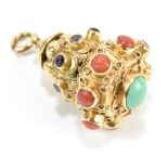 An 18ct yellow gold coral, amethyst, and turquoise set pendant of substantial size, in stepped