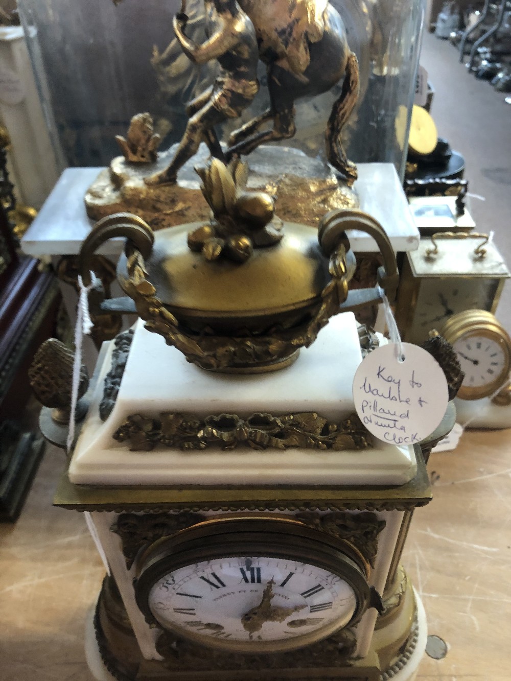 A late 19th century French white marble gilt metal mounted mantel clock, the white enamel dial set - Image 6 of 14