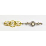 An early 20th century yellow metal diamond and cultured pearl set bar brooch length 4.3cm and a