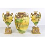 A three piece vase garniture with stylised gilt and enamelled upper sections above painted