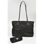PRADA; a black Milano nylon handbag with chain and leather handles, 38 x 28 x 8cm and a small
