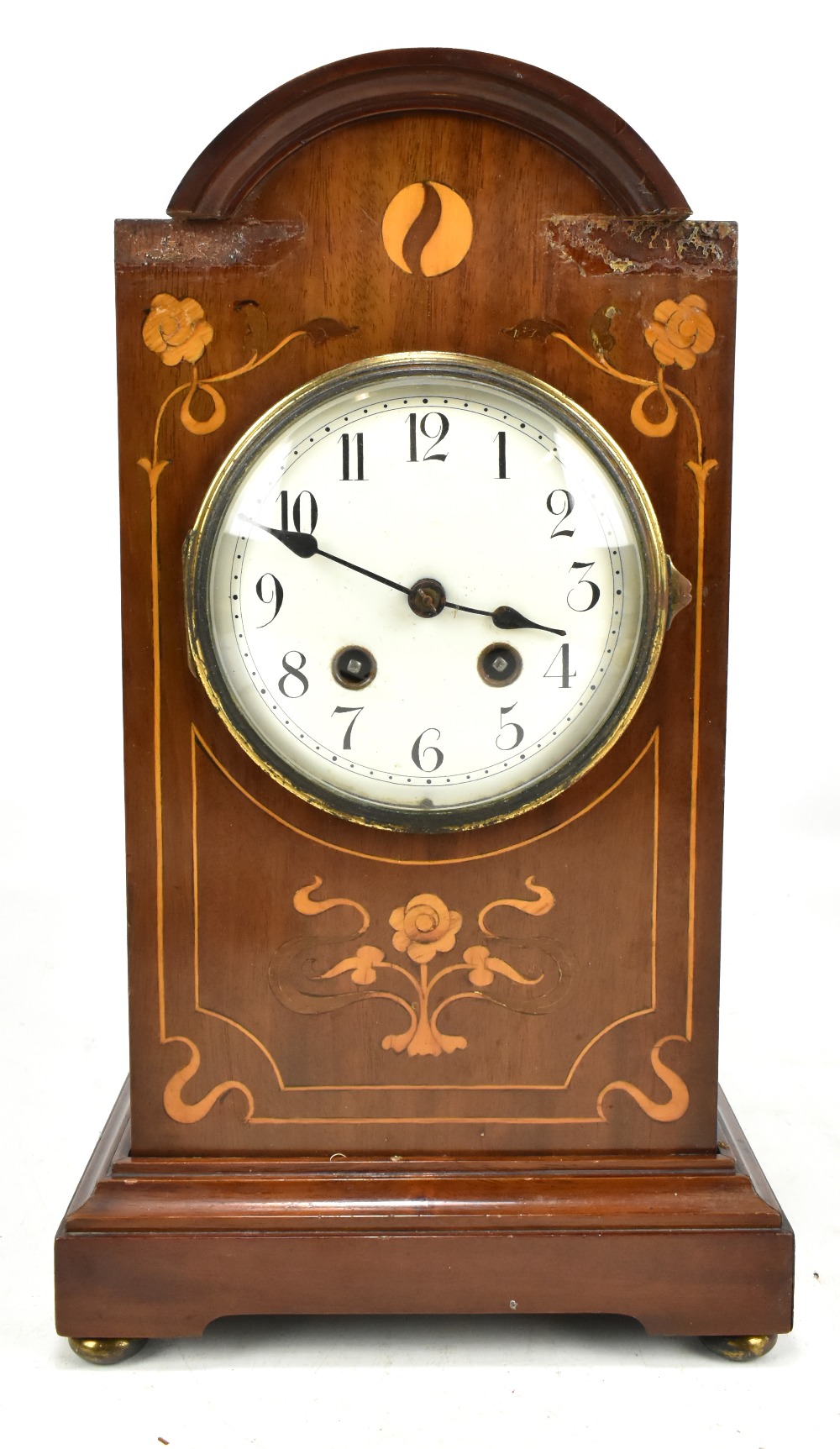 An Edwardian inlaid mahogany mantel clock, the circular dial with Arabic numerals, height 36cm (