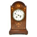 An Edwardian inlaid mahogany mantel clock, the circular dial with Arabic numerals, height 36cm (