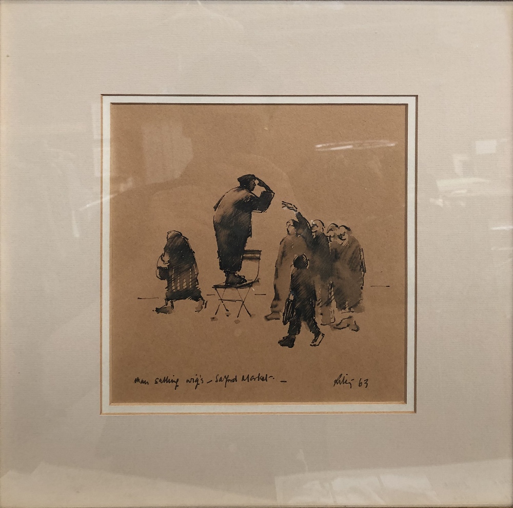 HAROLD RILEY DLIT FRCS DFA ATC (born 1934); ink and watercolour, 'Man Selling Wigs - Salford Market'