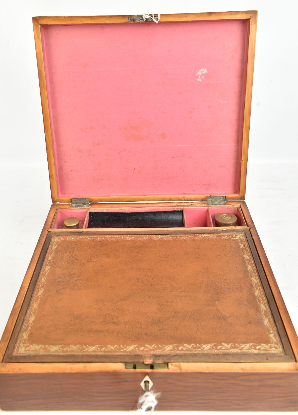 An early 19th century cube parquetry inlaid writing slope, the interior set with inkwells, a leather - Image 2 of 5