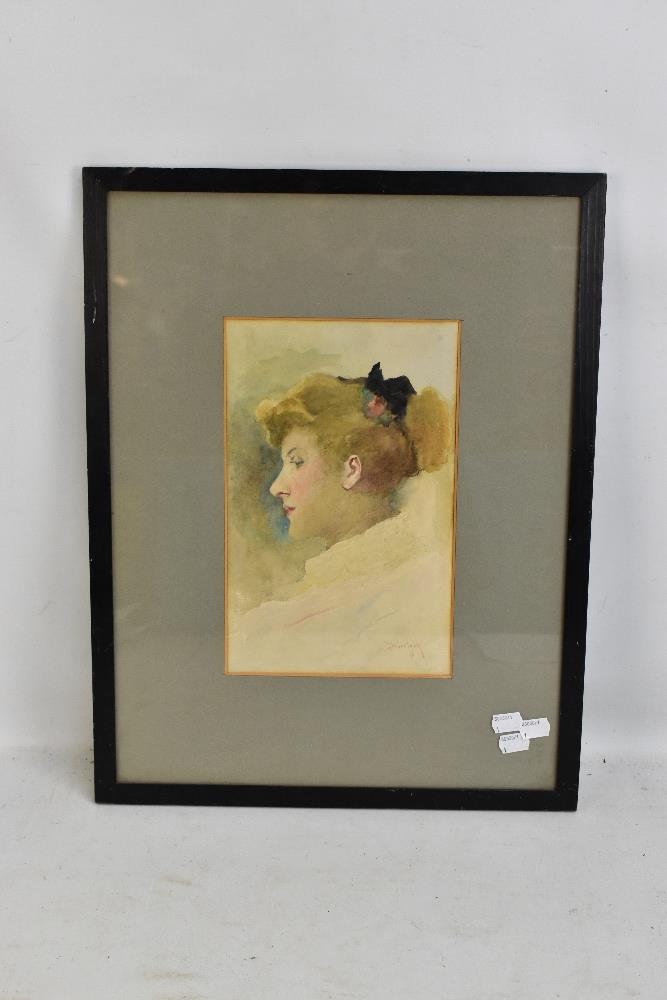 DAVID WOODLOCK (1842-1929); watercolour, side view portrait of a lady, signed and dated '96 lower - Image 2 of 4