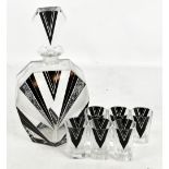 An Art Deco glass seven piece drinking set, each with black and frosted geometric decoration, height