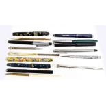 A group of fountain and ballpoint pens, manufacturers including Parker, Burnham, Ingersoll,