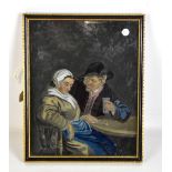 A Dutch genre reverse painting on glass depicting two figures in an interior, 24.5 x 19.5cm,