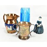 A 19th century copper lustre jug, height 14.8cm, a Royal Doulton HN2341 'Cherie' figure, a blue