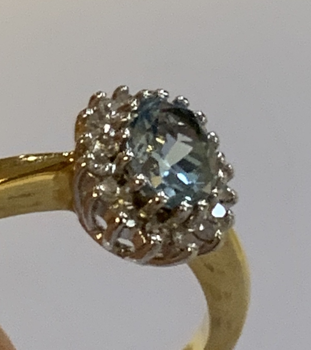 An 18ct yellow gold aquamarine and diamond floral cluster ring, the oval aquamarine weighing - Image 4 of 4