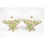 CHAMBERLAINS WORCESTER; a pair of hand painted twin handled lidded tureens, painted with roses and