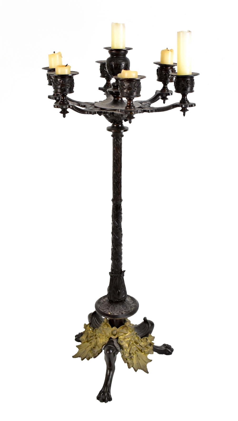 A good early 19th century bronze and ormolu mounted candelabrum, with seven sconces above well