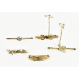 Five early 20th century bar brooches, including 9ct yellow gold examples.Additional InformationThe