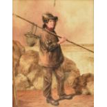 LATE 19TH CENTURY ENGLISH SCHOOL; watercolour, a lobster fisherman by a coastline, unsigned, 34 x