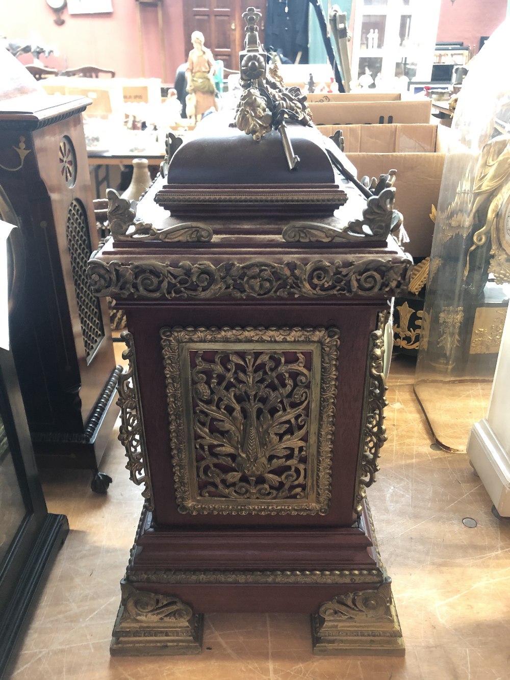 A large late 19th/early 20th century mantel clock with gilt metal foliate and cherubic mounts, the - Image 5 of 6