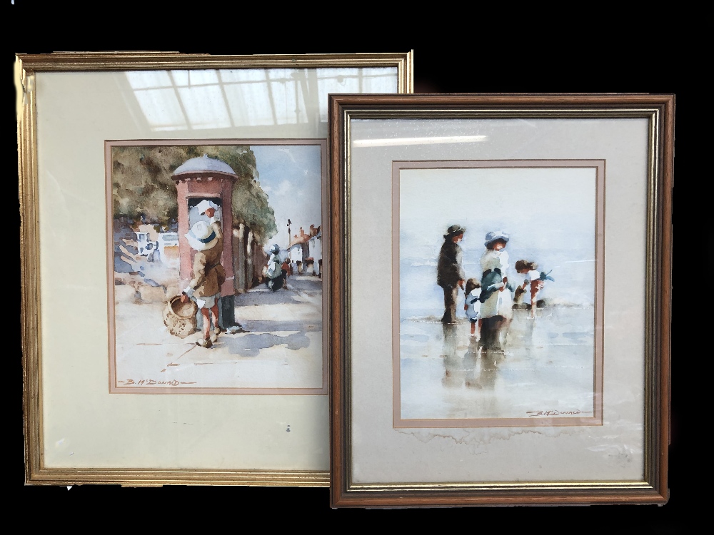 BERNARD MCDONALD; two watercolours, figural summer scenes, both signed, framed and glazed (2). (D)