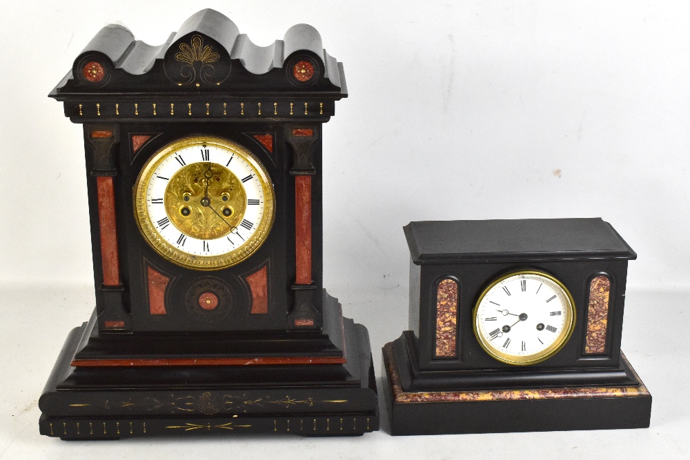 Two Victorian marble and slate mantel clocks including a Gothic style example with brass and