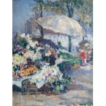Maurice Blieck (Belgian 1876-1922) oil on canvas, flower stall with figures in a market, signed,