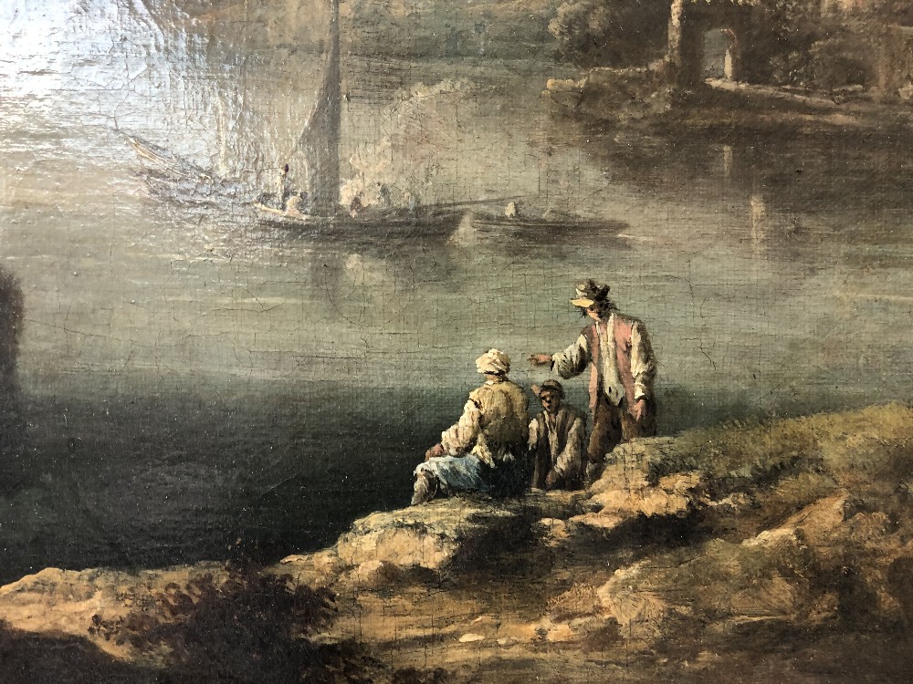 STYLE OF GASPAR DUGHET (18TH CENTURY); oil on canvas, romantic landscape with boats on a lake beside - Image 3 of 6