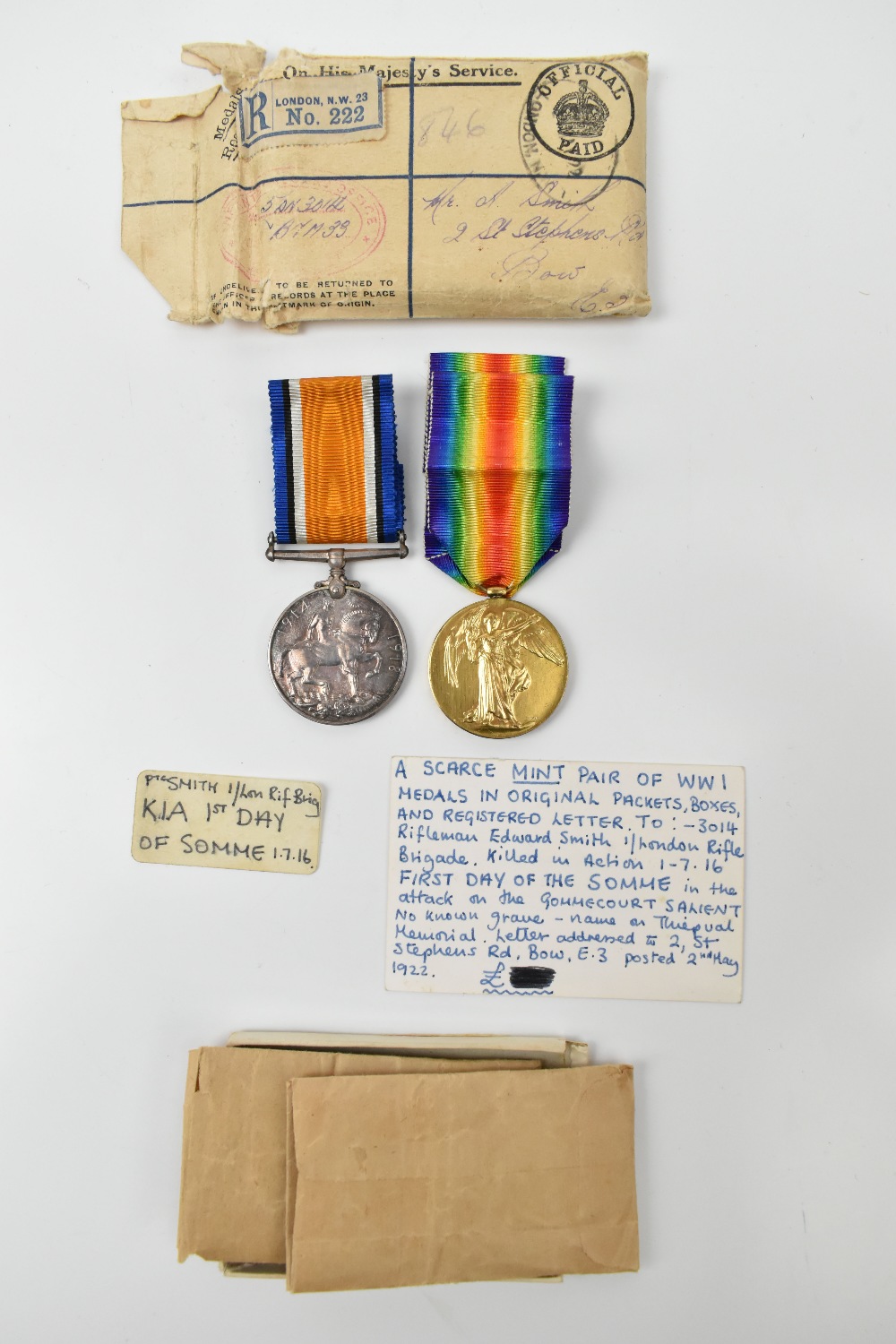 WITHDRAWN A WWI War and Victory Medal duo awarded to 3014 Pte. E.Smith 5-London Regiment; Private