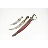 A Jambiya with white metal scabbard and horn hilt, length 38cm, a small example lacking scabbard and